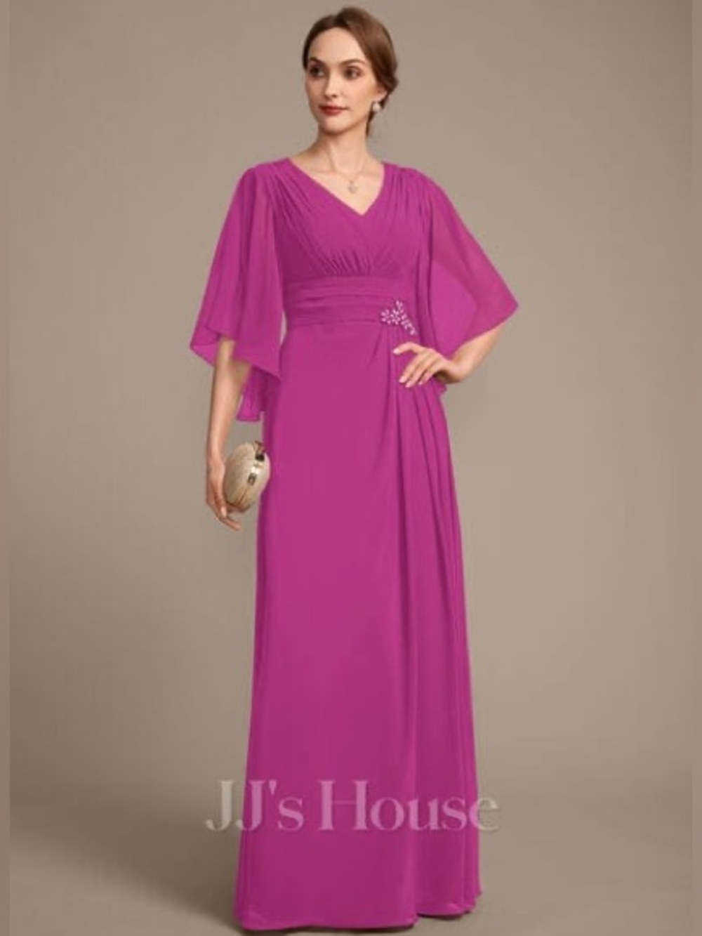 JJs House Fuchsia V-Neck Chiffon Maxi Gown with Cape Sleeves